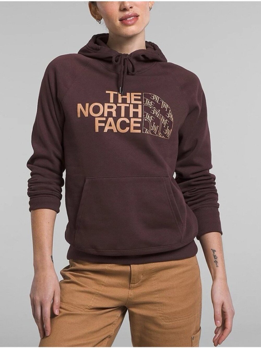 The North Face Half Dome Hoodie Womens Large Brown Spell Out Logo Pullover Trail